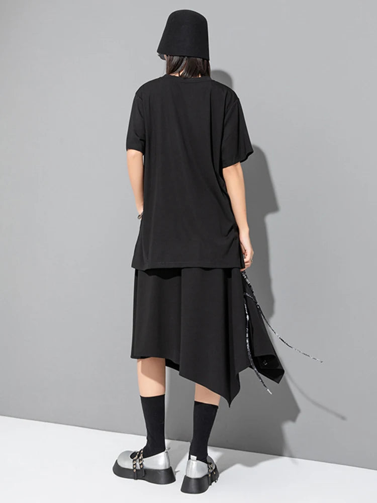 Women Black Irregular Hem Big Size Casual T-shirt New Round Neck Short Sleeve Fashion Tide Spring Summer 2025 1DJ1743