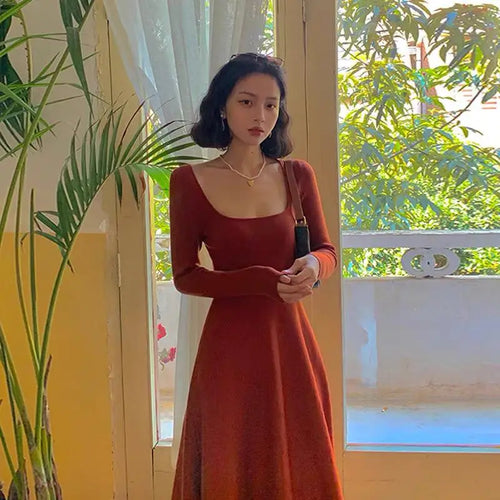 Load image into Gallery viewer, Korean Women's Retro Solid Square Neck Long Sleeve Knit Slim Pleated Dress Elegant Holiday Party Long Dress Autumn Chic
