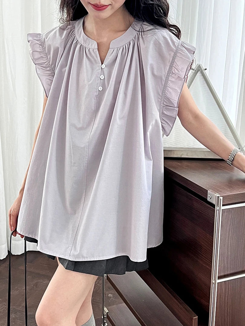 Women Green Purple Ruffles Big Size Elegant Blouse New V-Neck Sleeveless Shirt Fashion Tide Spring Summer 2025 1DJ1563
