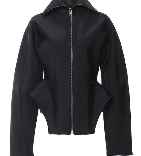 Black Zipper Irregular Shaped Casual Jacket New Lapel Long Sleeve Women Coat Fashion Tide Spring Autumn 2025 7AB4729