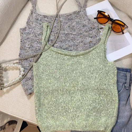 Load image into Gallery viewer, New Women&#39;s Green Sleeveless Backless Slip Tops Gray Backless Sleeveless Crochet Knitted Short Tank Top Summer Clothing Fashion
