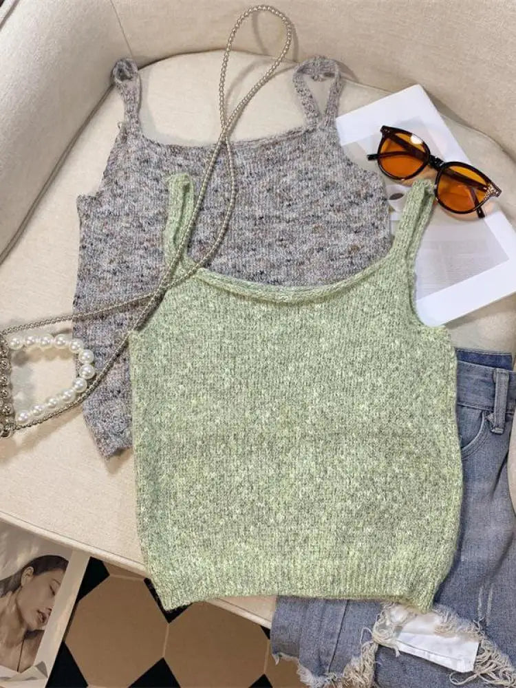 New Women's Green Sleeveless Backless Slip Tops Gray Backless Sleeveless Crochet Knitted Short Tank Top Summer Clothing Fashion