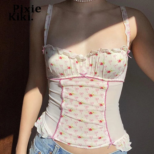 Load image into Gallery viewer, Cherry Printed See-through Mesh Tanks &amp; Camis Frilly Square Neck Backless Crop Tops for Women Y2k Summer P84-CH10
