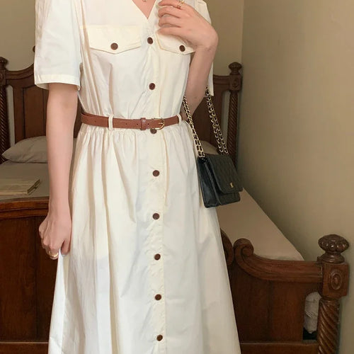 Load image into Gallery viewer, Korean Elegant Lady Dress Simple Casual V-neck Dresses Women Single-breasted Belt Apricot Midi Dress Female Summer Dress
