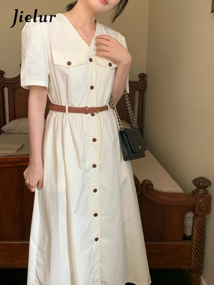 Korean Elegant Lady Dress Simple Casual V-neck Dresses Women Single-breasted Belt Apricot Midi Dress Female Summer Dress