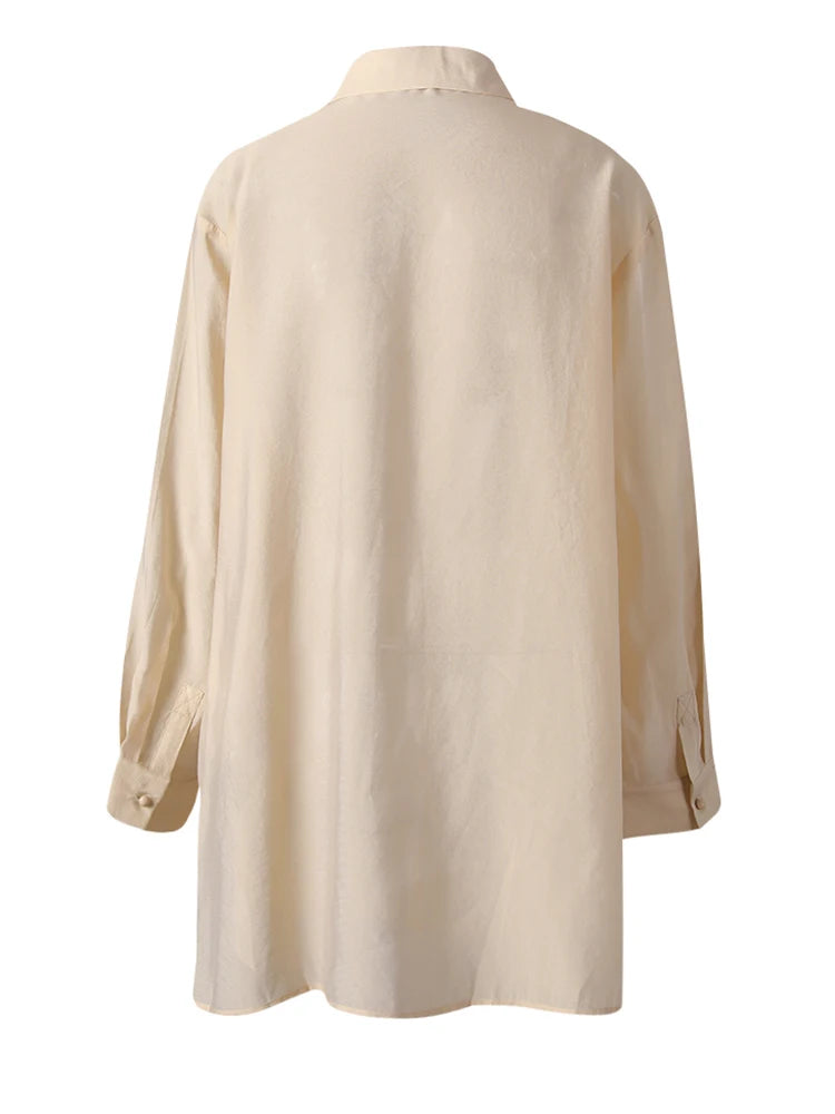 Women Apricot Thin Perspective Casual Big Size Blouse New Lapel Long Sleeve Shirt Fashion Tide Spring Autumn 2025 CPG3314