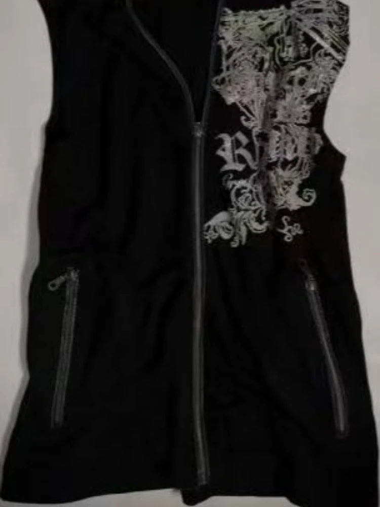 Harajuku Casual Women Printing Vest Coat Grunge Streetwear Sleeveless Patchwork Hooded Coats Y2k Aesthetic Zipper Pocket Jackets