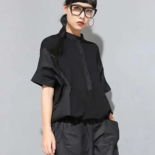Load image into Gallery viewer, Women Black Color-block Big Size T-shirt New Stand Collar Half Batwing Sleeve Fashion Tide Spring Summer 2025 1DE9318
