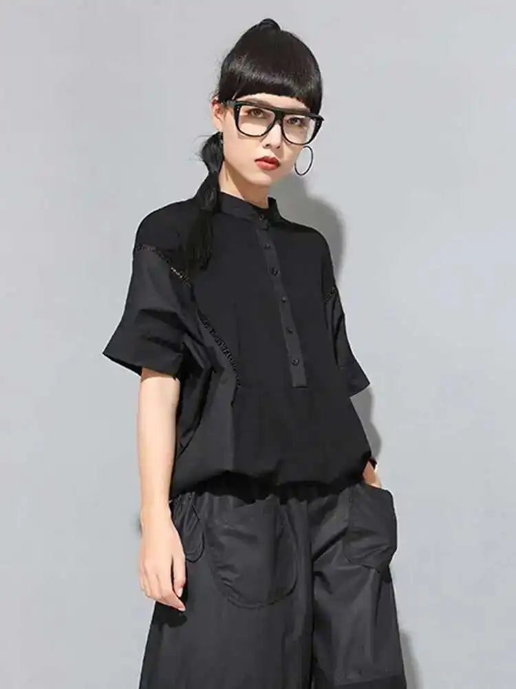 Women Black Color-block Big Size T-shirt New Stand Collar Half Batwing Sleeve Fashion Tide Spring Summer 2025 1DE9318