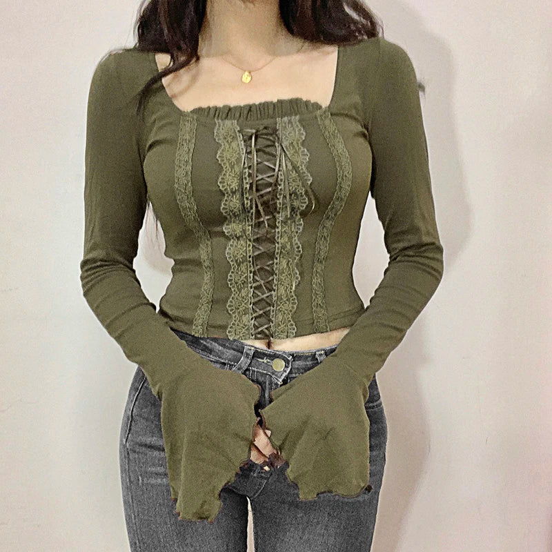 Vintage Korean Autumn Flare Sleeve Tee Shirts Lace Patched Skinny Crop Top Female T shirt Fold Tie Up Chic 90s Shirts