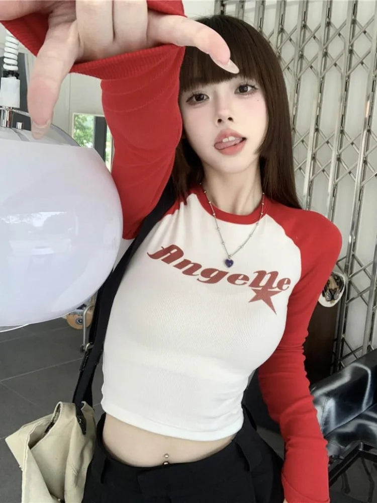 Korean Style Y2k Letter Print T-shirt Women Spring Long Sleeve Patchwork Fashion Retro Cropped Tops Hot Girl Skinny