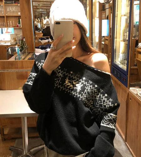 Vintage Y2k Aesthetic Grunge Pullover Off Shoulder Loose Harajuku Knitted Sweaters Autumn Winter Streetwear Casual Jumpers Women