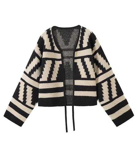 Vintage Women Black Brown Patchwork Short Knitted Lace-up Cardigan Loose Sweater 2024 Autumn Winter V Neck Long Sleeve Tops Chic