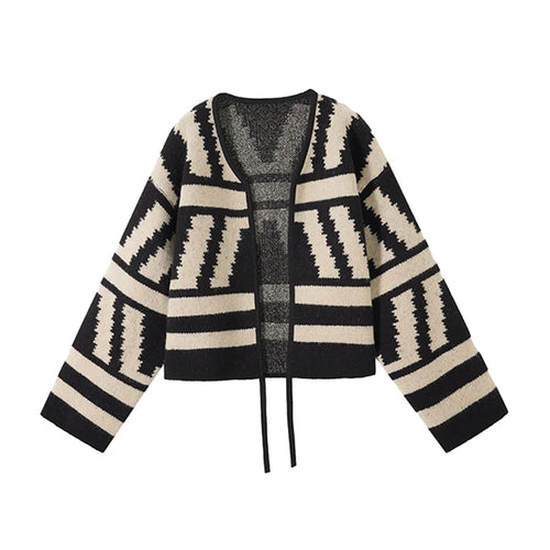 Load image into Gallery viewer, Vintage Women Black Brown Patchwork Short Knitted Lace-up Cardigan Loose Sweater 2024 Autumn Winter V Neck Long Sleeve Tops Chic
