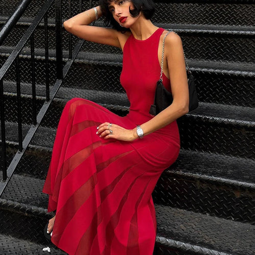 Load image into Gallery viewer, Red Sleeveless Knit Dress For Women Fashion Hollow Out O Neck Pleated Maxi Dress Ladies Solid Beach Party Long Dress
