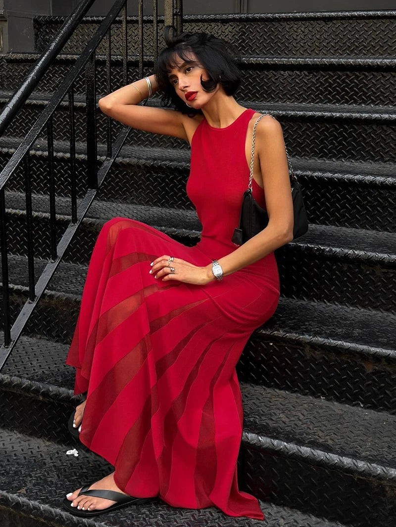 Red Sleeveless Knit Dress For Women Fashion Hollow Out O Neck Pleated Maxi Dress Ladies Solid Beach Party Long Dress