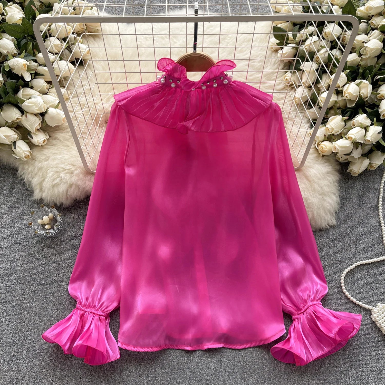 Korean Women Solid Elegant Ruffles Shirt Chic Long Sleeve Lace Ruffles Stand Collar Casual Loose Blouses Tops Autumn Vintage Y2k