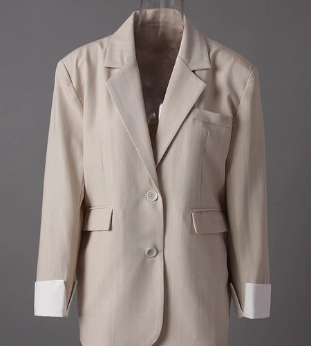 Women Apricot Striped Color-block Big Size Blazer New Lapel Long Sleeve Jacket Fashion Tide Spring Autumn 2025 30A2753