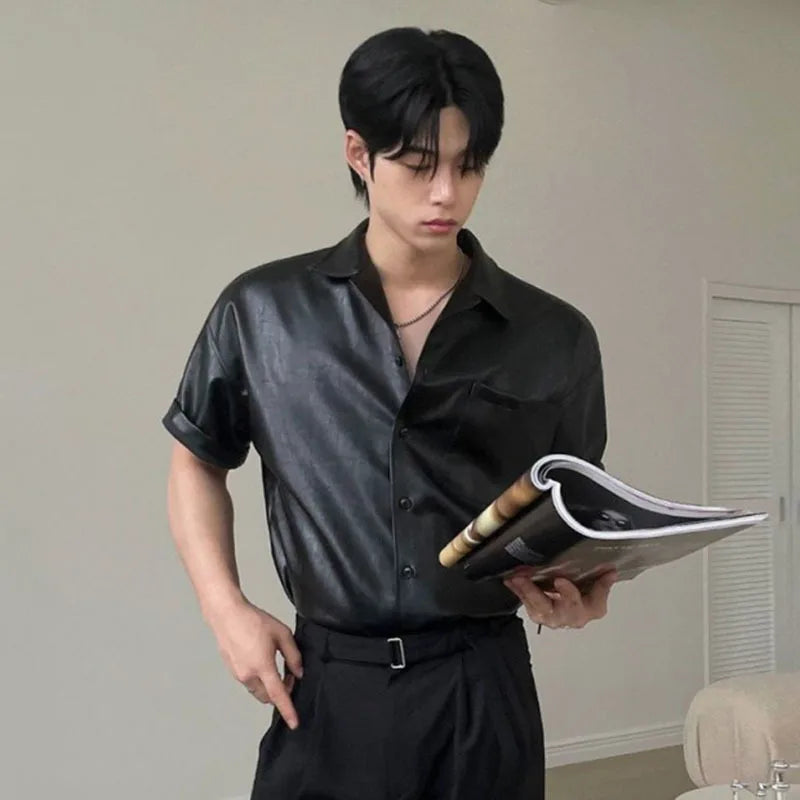PU Leather Men's Short Sleeve Shirt Summer Korean New Chic Male Shirt Korean Handsome Lapel Loose Trendy Top 9W1628