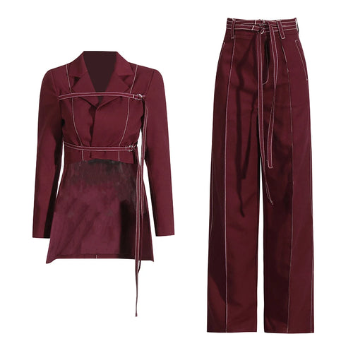 Load image into Gallery viewer, Burgundy Two Piece Set For Women Notched Collar Long Sleeve Top High Waist Straight Pant Temperament Sets Female
