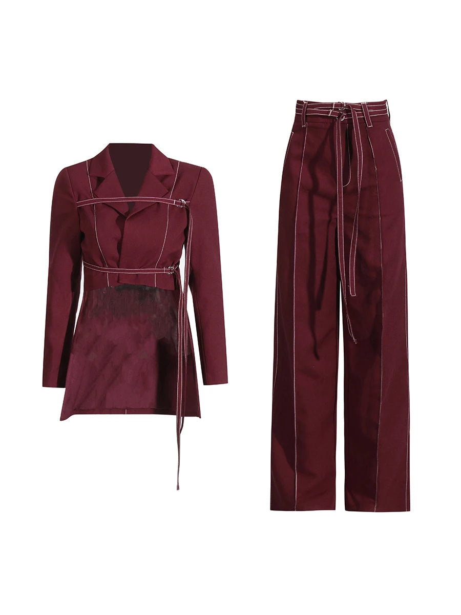 Burgundy Two Piece Set For Women Notched Collar Long Sleeve Top High Waist Straight Pant Temperament Sets Female