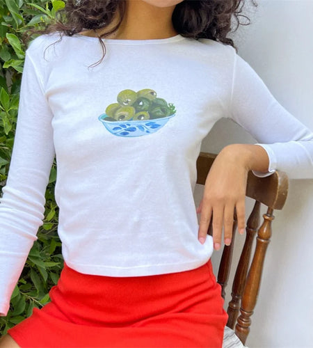 y2k Crop Top 2000s Women Graphic Cherry/Cake Print Round Neck Long Sleeve T Shirt Aesthetic Clothing White Streetwear