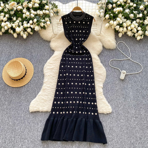 Load image into Gallery viewer, Retro Women's Black Diamond Elegant Sleeveless A-line Vest Dress Summer Red Slim O-neck Holiday Ruffles Fishtail Long Dress Chic
