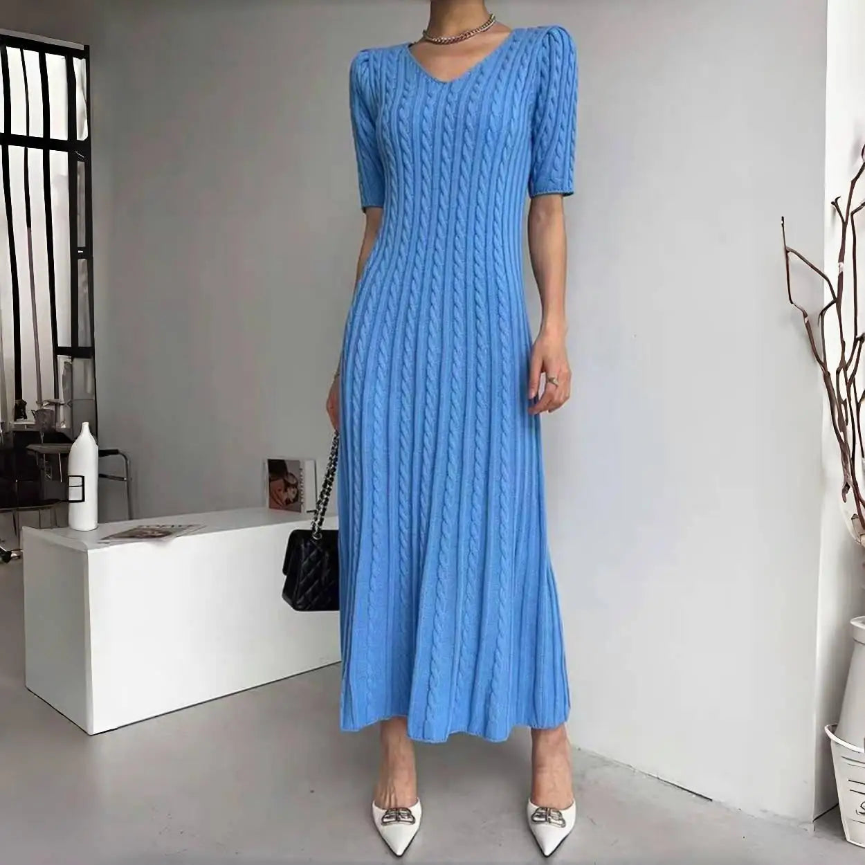 Summer Blue Pink Short Sleeve Twists Knitted Dress For Women White V Neck Slim Holiday Long Dress 2025 Simplicity Fashion Casual