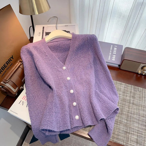 Load image into Gallery viewer, Autumn Winter Solid Elegant V Neck Single Breasted Ruffles Short Sweater Women's French 2024 New Long Sleeved Slim Knitted Tops
