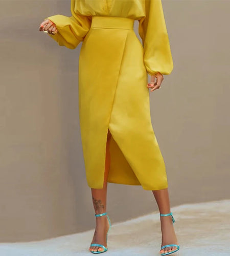 Women Bodycon High Waisted Yellow Split-Front Skirts Bottoms 2025 New Spring Summer Autumn Woman Urban Skirts Clothes