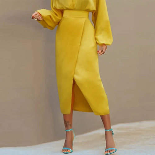 Load image into Gallery viewer, Women Bodycon High Waisted Yellow Split-Front Skirts Bottoms 2025 New Spring Summer Autumn Woman Urban Skirts Clothes
