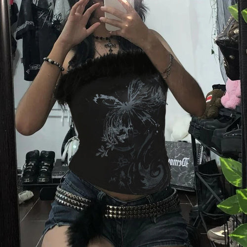 Load image into Gallery viewer, Vintage Butterfly Printed Faux Fur Trim Tube Tops Dark Gothic Off Shoulder Skinny Cropped Tank Top Y2K Hottie Clothes
