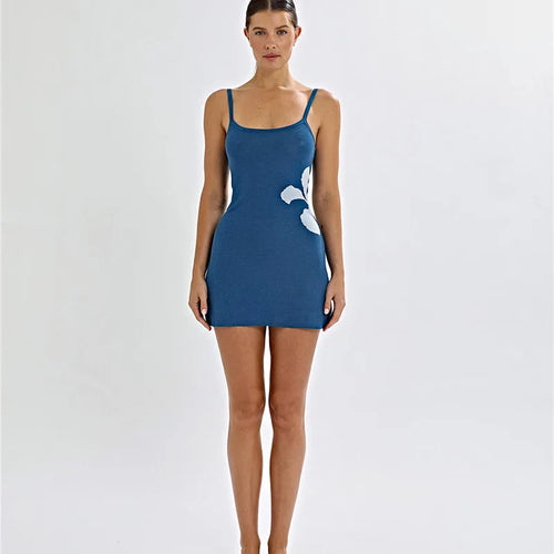 Load image into Gallery viewer, Spaghetti Strap Print Knit Mini Dress For Woman Robe Summer New Sleeveless Backless Beach Holiday Club Dress Knitwear
