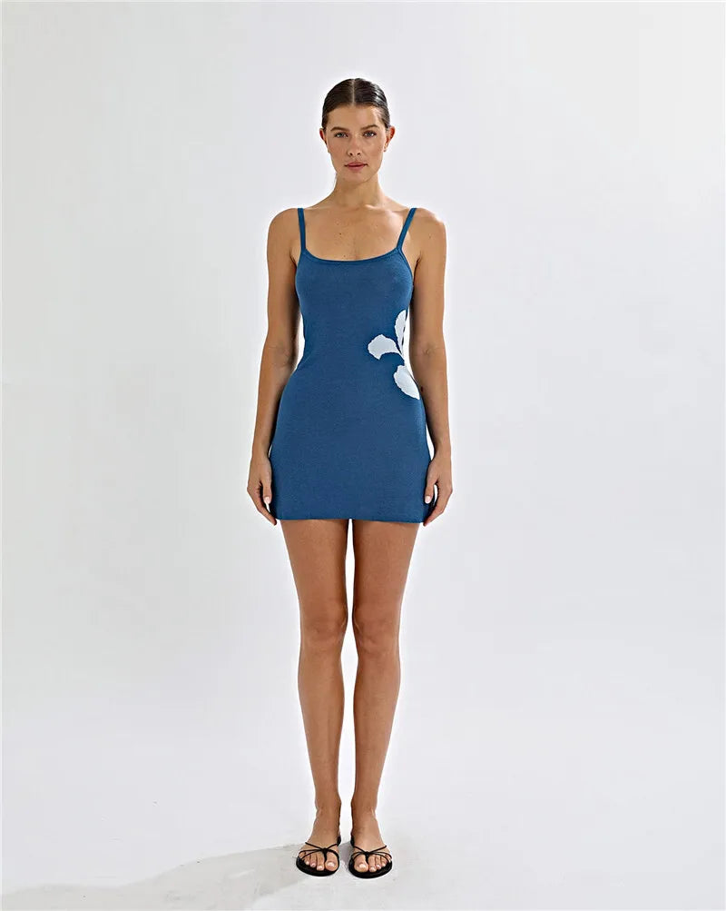 Spaghetti Strap Print Knit Mini Dress For Woman Robe Summer New Sleeveless Backless Beach Holiday Club Dress Knitwear