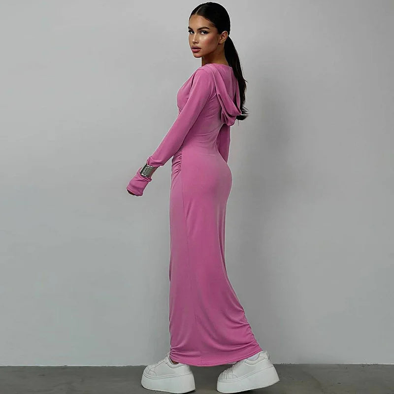 Elegant V Neck Hooded Maxi Dress For Women Autumn Winter New Long Sleeve Bodycon Ruched Fashion Long Dress New