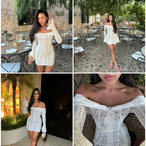 Load image into Gallery viewer, Off-shoulder Lace Sexy Mini Dress For Women White Strapless Long Sleeve Backless Bodycon Club Party Sexy Dress Elegant
