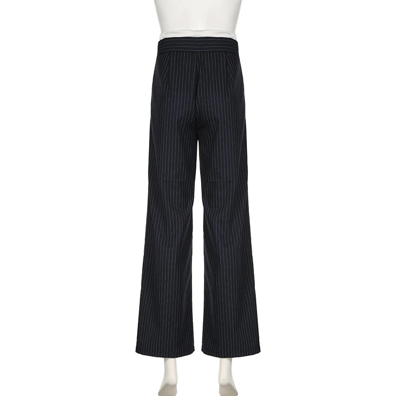 Fashion Chic Stripe Women Trousers Elegant Patched Drawstring Full Length Pants Contrast Color Office Ladies Capris