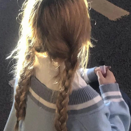 Load image into Gallery viewer, V-neck Loose Sweater Women Y2k Aesthetics Pullover Harajuku Rabbit Kawaii Blue Jumpers Grunge Korean Fashion Cute Tops
