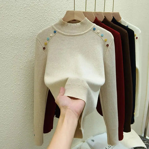 Load image into Gallery viewer, Autumn Winter Women Solid Colorful Button Velvet Sweater Korean Fashion Warm Knitwear Long Sleeve Festival Pullovers Tops Thick
