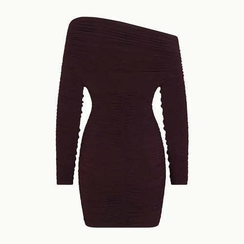 Load image into Gallery viewer, Inclined Shoulder Long Sleeve Sexy Mini Dress For Women Autumn New Fashion Backless Ruched Bodycon Party Sexy Dress
