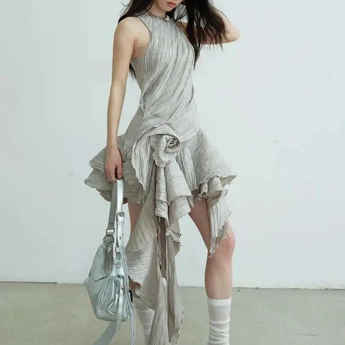 Load image into Gallery viewer, Women Gray Three-dimensional Flower Ruffles Mini Dress New Round Neck Sleeveless Fashion Tide Spring Summer 2025  1DJ0678
