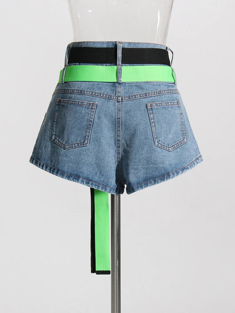 Hit Color Denim Shorts For Women High Waist Patchwork Lace Up Pocket Temperament Short Pant Female Summer Clothes