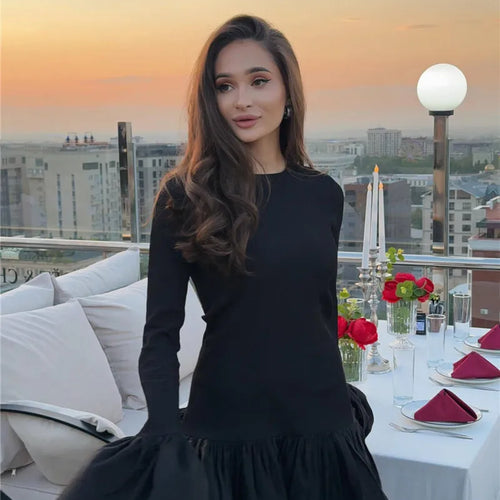 Load image into Gallery viewer, Long Flare Sleeve Knitted Sexy Mini Dress For Women Autumn Winter New Patchwork O Neck A-line Knit Puffy Dress Elegant
