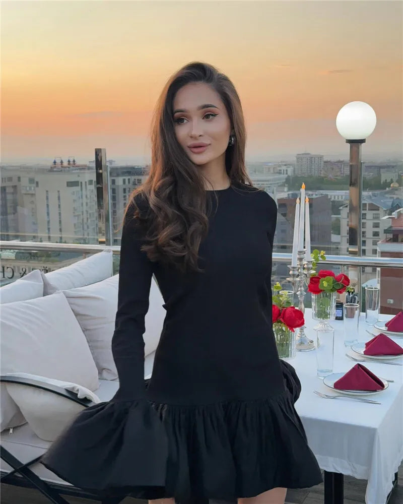 Long Flare Sleeve Knitted Sexy Mini Dress For Women Autumn Winter New Patchwork O Neck A-line Knit Puffy Dress Elegant