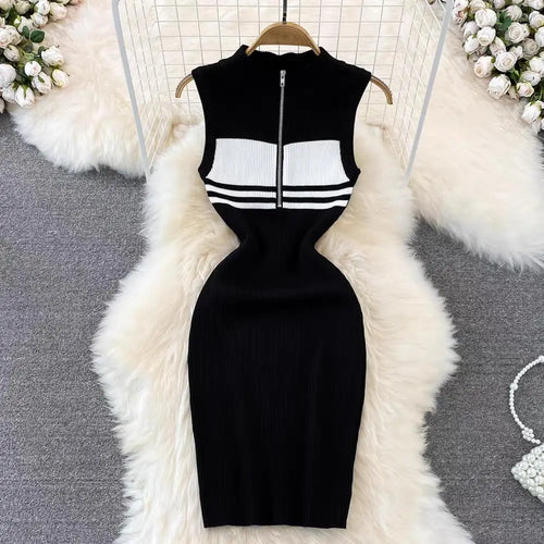 Load image into Gallery viewer, Sexy Women's Black White Stripes Patchwork Zippers Knitted Vest Dress 2024 Spring Summer Office Sleeveless Slim Party Midi Dress
