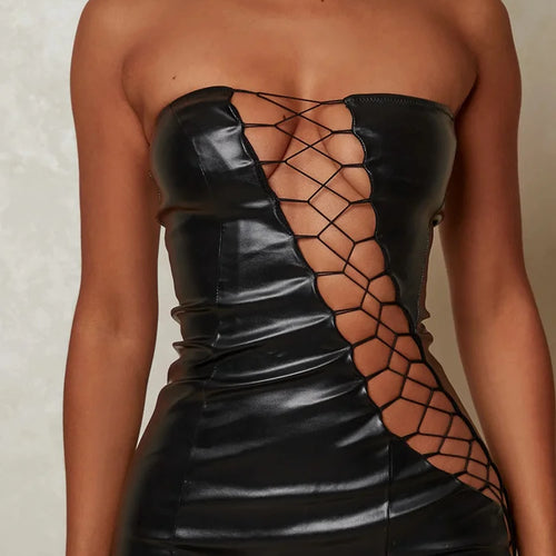 Load image into Gallery viewer, Hollow Out PU Leather Sexy Mini Dresses For Women Strapless Sleeveless Backless Bodycon Party Short Dress Vestido
