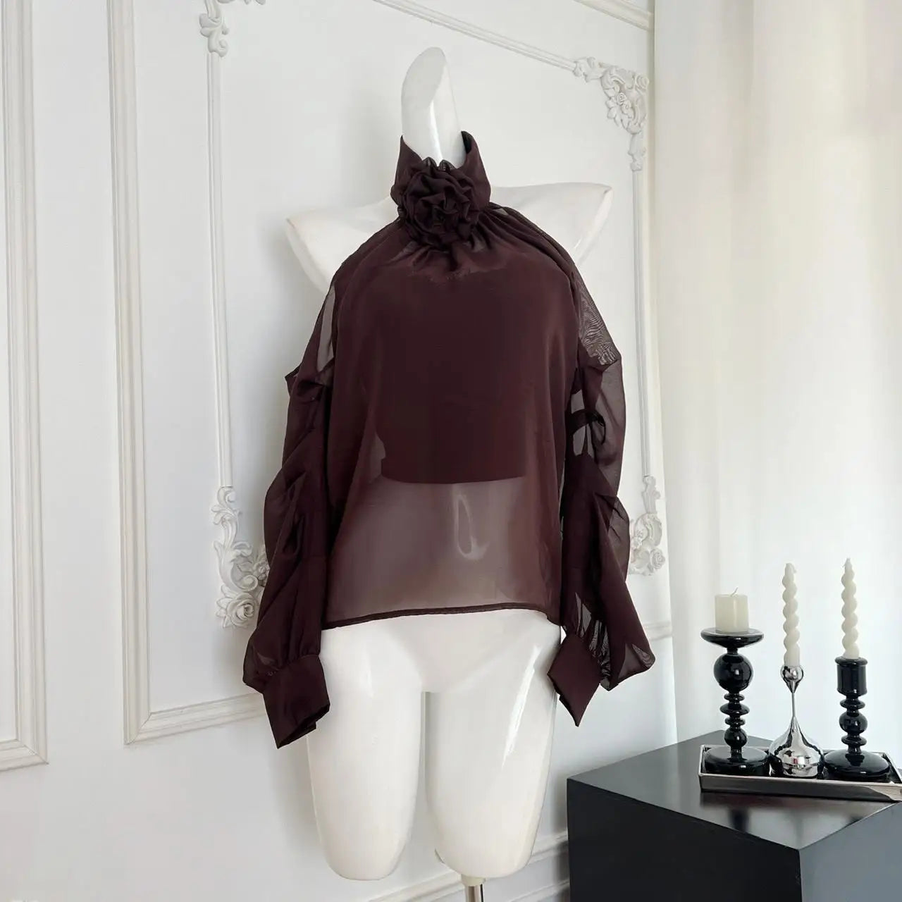 Autumn Brown Flower Elegant Festival Long Sleeve Halter Blouse Women Pullovers Shirt Ladies Off Shoulder Pleated Shirt Fashion