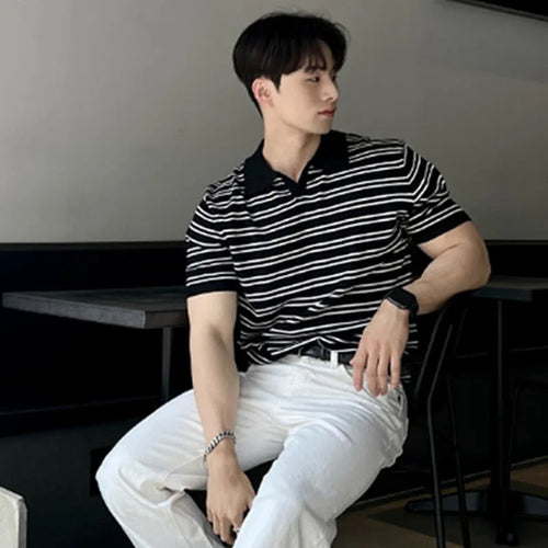 Load image into Gallery viewer, Simple Male T-shirts Chic Striped Turn-down Collar Business Casual Short Sleeve Male Loose Clothing Summer  9C6345
