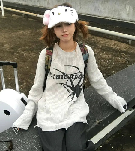 Japanese Y2k Ripped Sweater Vintage Gothic Spider Print Knitted Pullover Trashy 2000s Style Distressed Jumper Grunge 90s