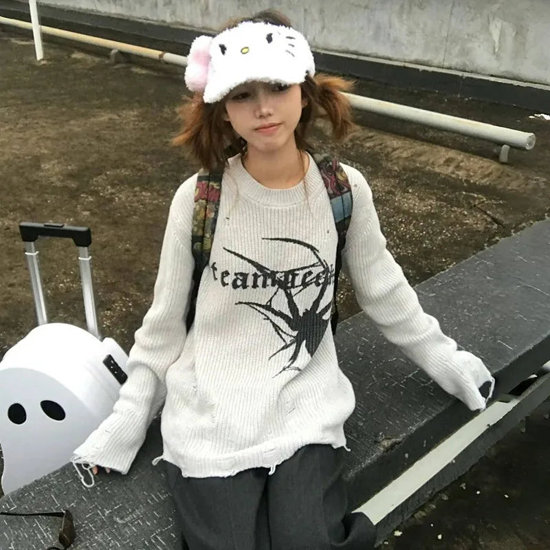 Japanese Y2k Ripped Sweater Vintage Gothic Spider Print Knitted Pullover Trashy 2000s Style Distressed Jumper Grunge 90s